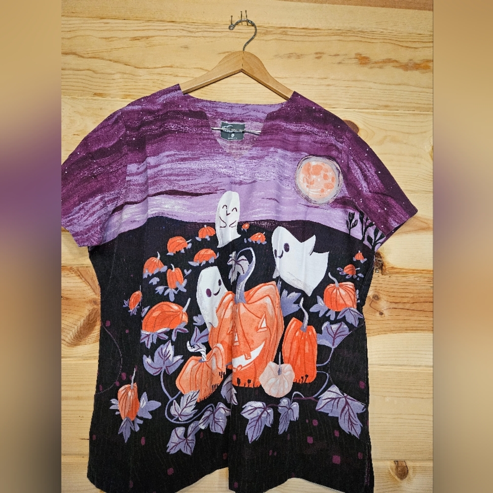 Buttersoft Halloweeb Purple and Orange Ghost Print Top Size XL